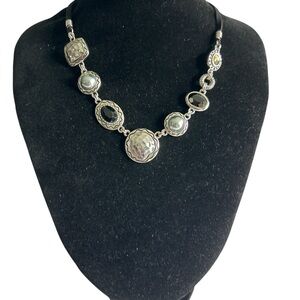 Lia Sophia Steel Drum Silver Tone Black Suede Necklace